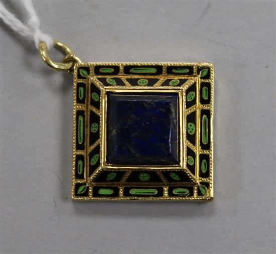 A yellow metal, lapis lazuli and two colour enamel locket pendant, 25mm.